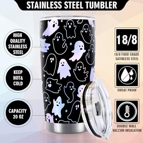 Halloween Ghost Stainless Steel Travel Tumbler with Lid Straw & Brush - Spooky Coffee Mug for Women, Large Capacity, Ghost Variation
