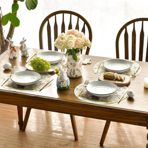 14 Inch Round Easter Placemat Set of 4 - Bunny Rabbit Egg Tree Flowers