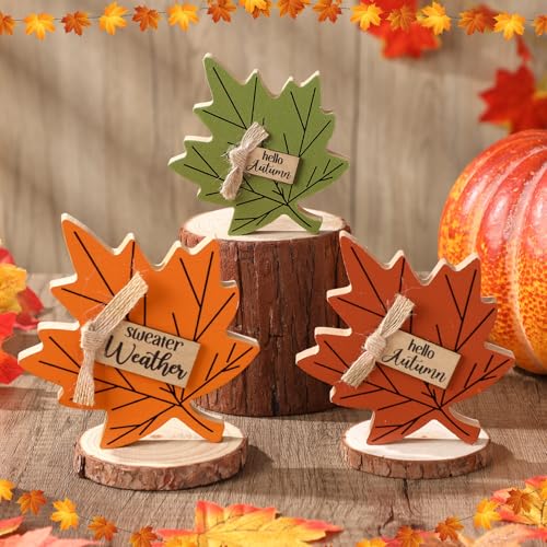 Thanksgiving Wood Decor Maple Leaf Sign Set - Fall Centerpiece & Tiered Tray Decorations