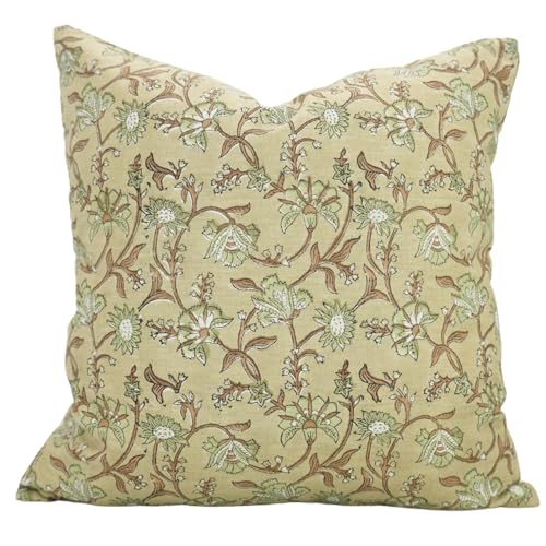 Light Green Handmade Block Print Pillow Cover 16x16 Inches Throw Cushion for Sofa