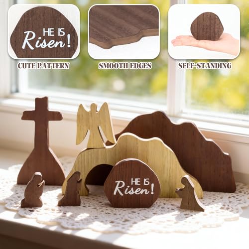 Wooden Easter Resurrection Scene Set with Cross and Tomb - Christian Decor for Tabletop & Home