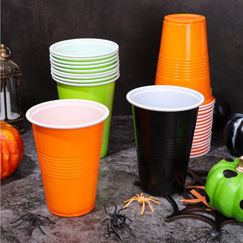 Halloween 16oz Disposable Plastic Cups - Black, Orange, Green, Pack of 150