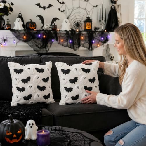 Halloween Throw Pillow Covers Set of 2 Ghost and Bat Design 18x18 Inches