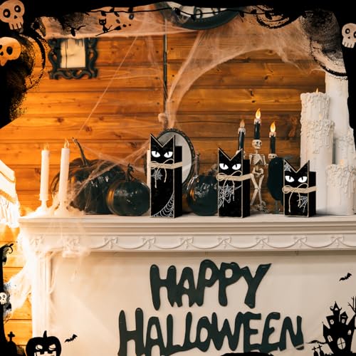 Halloween Black Cat Wooden Tiered Tray Decor Set - 3 Pack, Rustic Spooky Home Accent