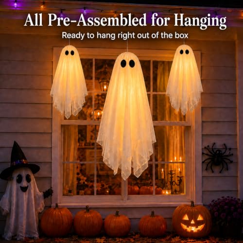 3 Pack Hanging Ghost Decorations - White, 27.6 & 19.7 Inch, with Warm Glow, Remote Timer - Indoor & Outdoor Halloween Decor