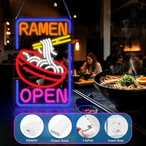 Ramen Open Neon Sign - Dimmable Japanese Noodle LED Light for Restaurant & Bar - Variation: Ramen