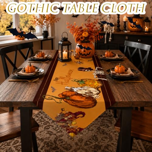Halloween Table Runner Pumpkin Skeleton Witch Decor 71x12 Yellow