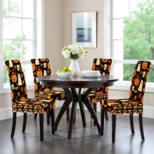 Pumpkin Ghost Skeleton Halloween Chair Covers Set of 4 Stretchable Dining Slipcovers