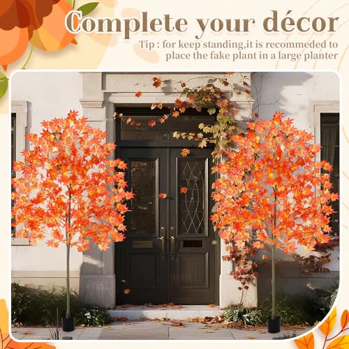 Artificial Maple Fall Tree Set - 6.6ft Orange & Yellow Faux Trees, 2 Pack - Indoor Outdoor Decor