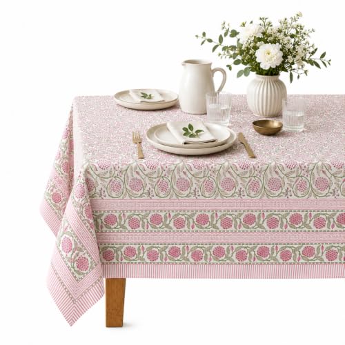 Rectangular Cotton Tablecloth 72x140 Inch Hand Block Printed Floral Cover for Dining & Events - Strawberry Red