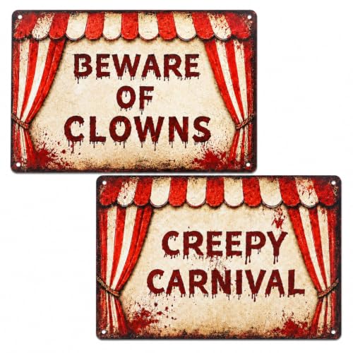 Halloween Clown Metal Signs Set - Creepy Carnival Warning Decor