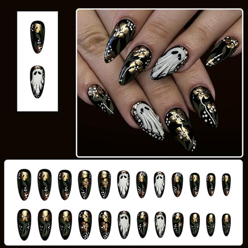 Halloween Press On Nails Medium Almond Ghost Gold Flower Design - Variation 19