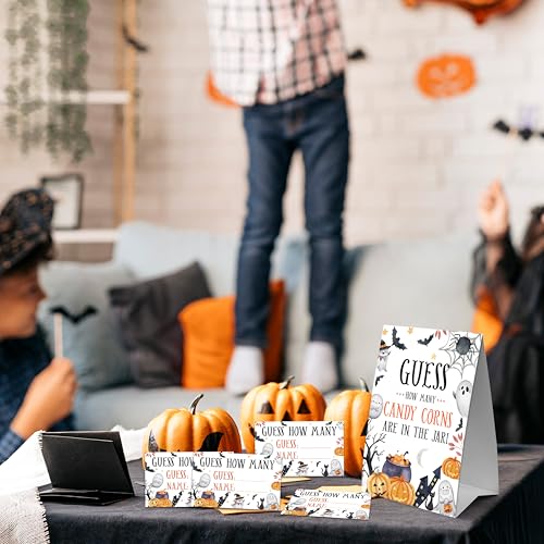 Halloween Candy Corn Jar Guessing Game Sign with 50 Cards - Spider Web Variation