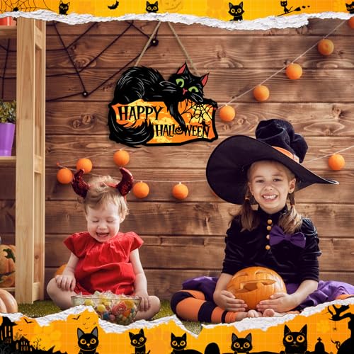 Black Cat Halloween Door Sign - Spooky Wooden Welcome Sign with Spider Web, 12x12 Inches - Variation of THIS listing