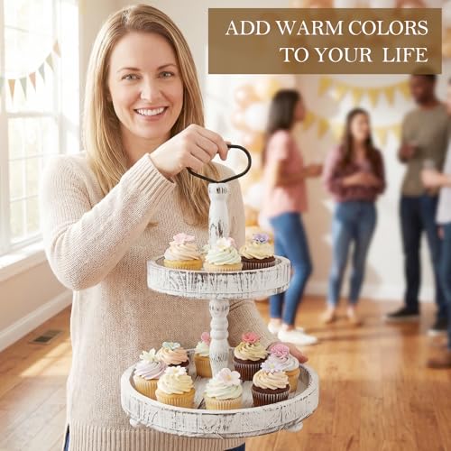 White Rustic Wooden Tiered Serving Tray 18.5x12.5 Farmhouse Decor Cupcake Stand