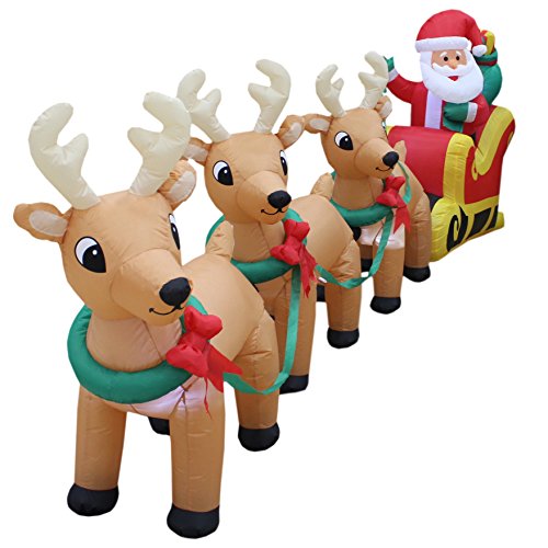 12 Ft Lighted Inflatable Santa on Sleigh with 3 Reindeer for Christmas Yard Decor