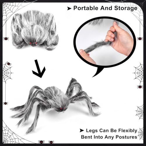 Halloween Gray Spider Decorations Set - 5 Realistic Plush Spiders with Adjustable Legs