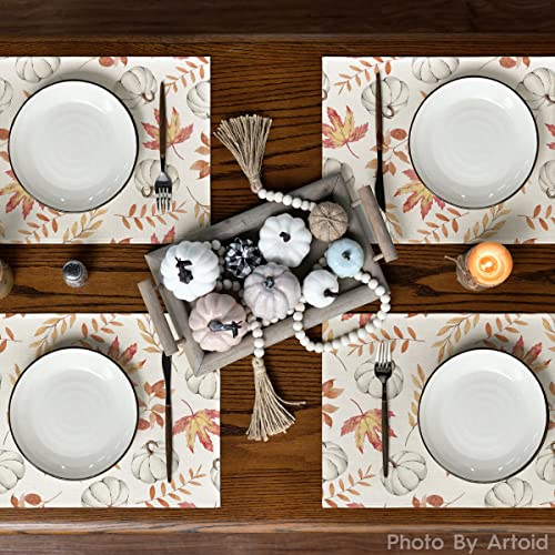Maple Leaf Pumpkins Fall Placemats Set of 4 - 12 x 18 Inch Beige & Orange