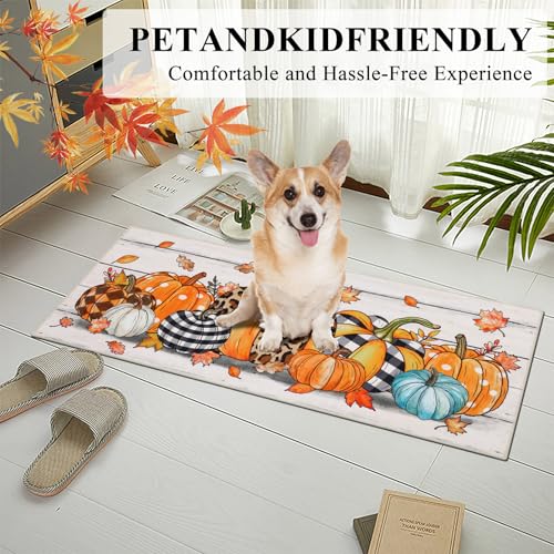 Fall Kitchen Rug Set of 3 - Washable Pumpkin and Plaid Runner Mats with Non-Slip Backing - Leopard Pumpkins Variation