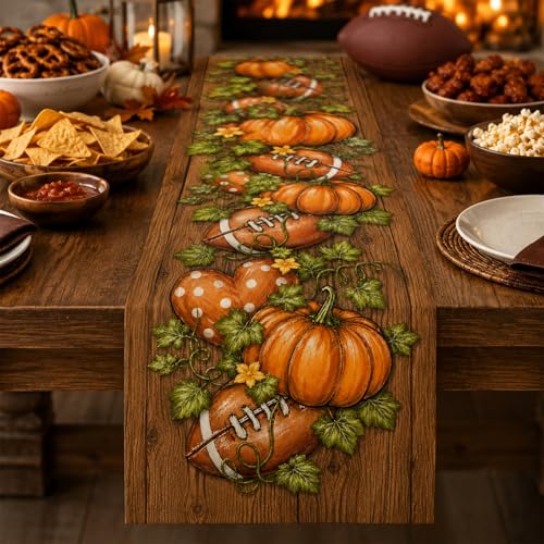 Autumn Pumpkin Heart Wood Table Runner for Kitchen Dining - 13x72 Inch