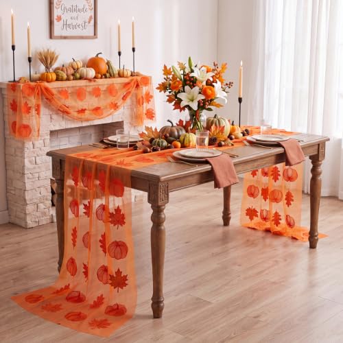 Pumpkin Embroidered Fall Table Runner Set - 3 Pieces, 10 ft Mesh Decor
