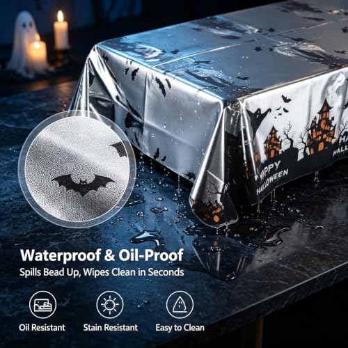 White Halloween Disposable Tablecloth 54x72 Inch with Castle & Ghost Pattern - 2 Pack