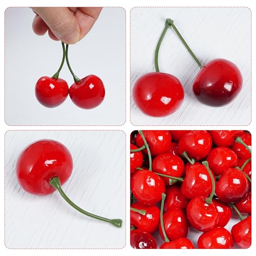 Artificial Fake Cherries - Realistic Plastic Faux Fruit Decoration, 60 pcs