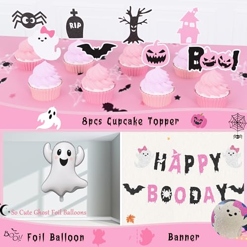 Pink Halloween Birthday Decorations Party Kit with Balloons Banners & Backdrop