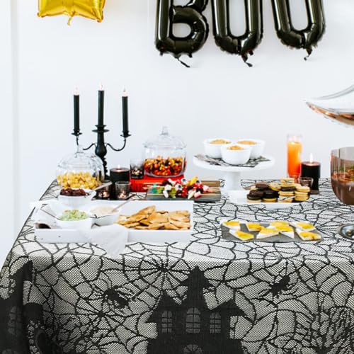 Gothic Black Lace Spider Web Halloween Tablecloth - 53x68 Inches, Spooky Party Decor