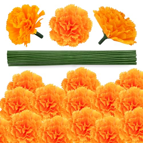 Artificial Marigold Flowers Set - 30 Pcs 3.54 Inch Orange Silk Flowers with Stems for Diwali Indian Wedding Home Decor, DIY Wreath Garland, Day of The Dead