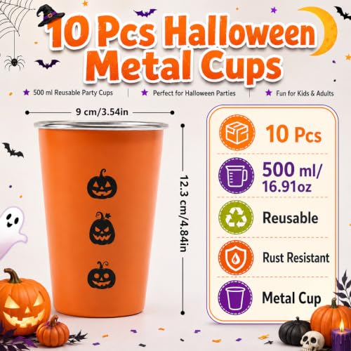 Halloween Stainless Steel Cups 10 Pack - Orange Party Drinkware for Kids & Adults