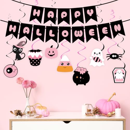 Pink Halloween Party Decorations 49Pcs Spooky Bats Ghost Pumpkins Banners & Swirls
