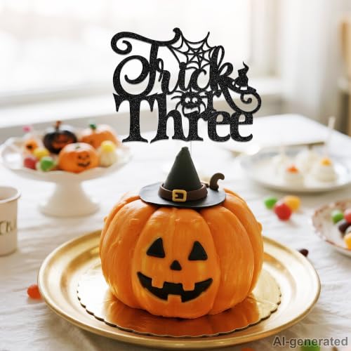 Halloween Themed 3rd Birthday Cake Topper Trick or Three Decorations Black Glitter