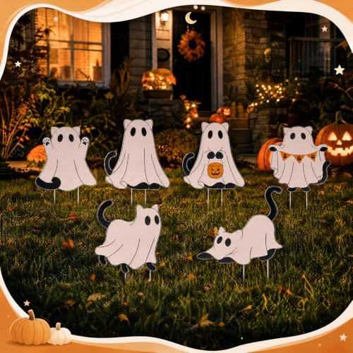 Halloween Ghost Cat Yard Signs with Stakes - Outdoor Decorations Set of 6