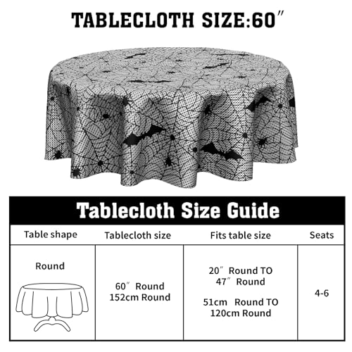 Halloween Bat Tablecloth 60 Inch Round Spider Web Design Washable & Stain-Resistant