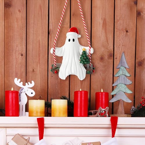 Halloween Ghost Swing Ornament with Santa Hat - Holiday Decor Figurine