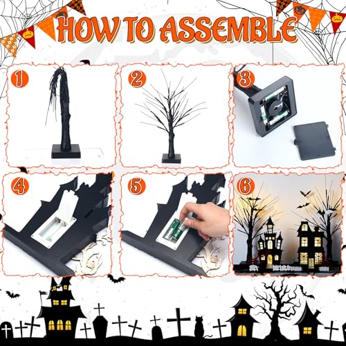 Halloween Table Decorations Set with Haunted Houses and Birch Trees - Indoor Usable