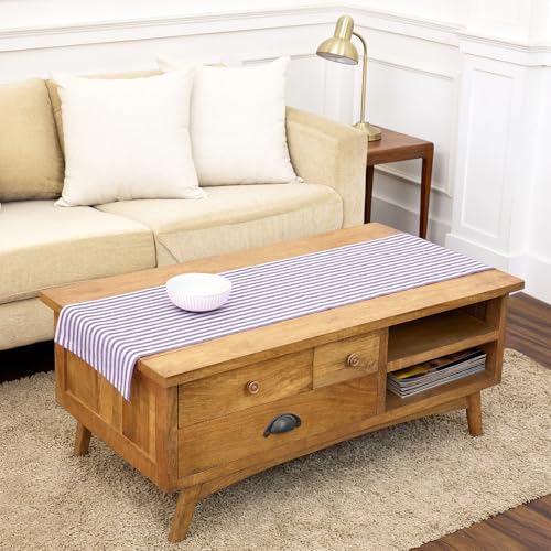 Linen Table Runner 14x48 Inch - Violet & White Stripes, Handcrafted, Medium Size