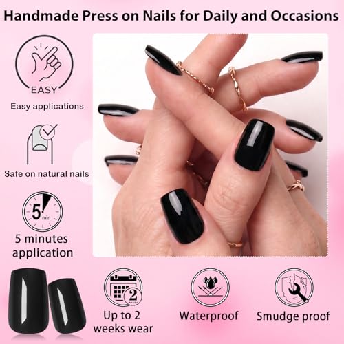 Black Short Square Press On Nails for Women - 240 Pack with Adhesive & Glue - Variation: Black