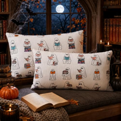 Halloween Ghost Pillow Cover 12x20 Set of 2 - Reading Book Design, Plush Cotton, Fall Decor, Ghost Variation