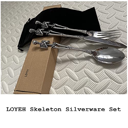 Skeleton Skull Silverware Set - 3-in-1 Stainless Steel Flatware for Halloween and Holidays - Silver / Skeleton Design