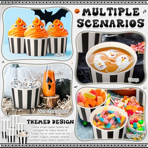 50 Pack 9 oz Black and White Stripe Paper Bowls for Parties & Events - Disposables