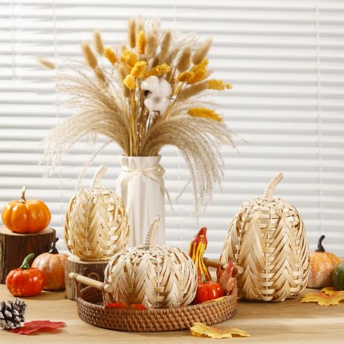 3pcs Fall Pumpkin Decor Set - Woven Rattan Artificial Pumpkins for Thanksgiving & Halloween