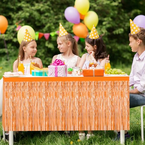 Morcheiong Orange Foil Fringe Tinsel Table Skirts - 2 Pack for Rectangle Tables - Party Decorations