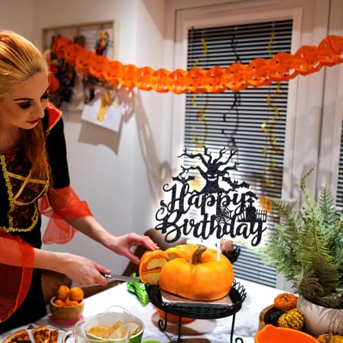 Halloween Happy Birthday Cake Topper - Spooky Zombie & Bat Decor - Black Glitter, 5.9 inches