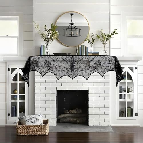Halloween Spider Web Mantle Scarf - 96x18 Inch Fireplace Decor for Halloween