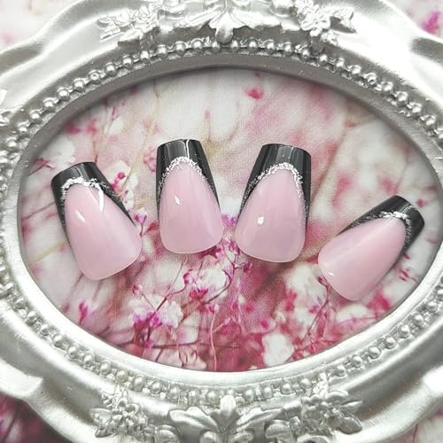 Short Press-On Nails Black White French Tip Set with Silver Glitter - 24Pcs