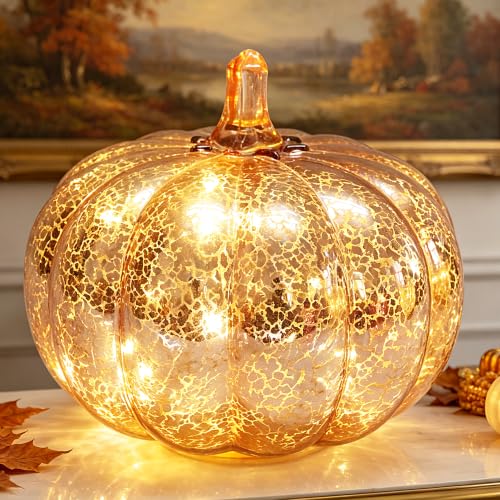 Mercury Glass Pumpkin Light with Timer - Rosegold Fall Halloween Decor with Fairy Lights