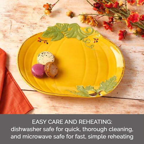 Pumpkin Serving Platter - 12 Inch Fall Pumpkin Shape with Acorn & Leaf Accents