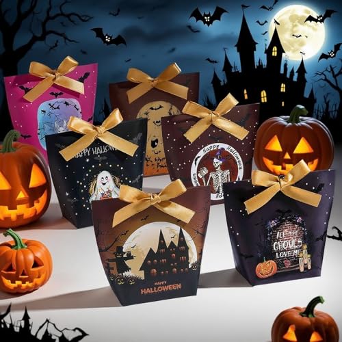 Halloween Treat Boxes with Ribbons - 24 Pack Festive Gift & Goodie Boxes - Variety of Designs